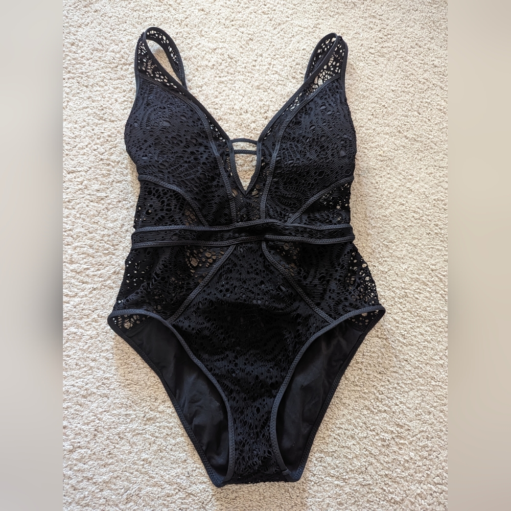 Becca show and tell plunge black crochet swimsuit